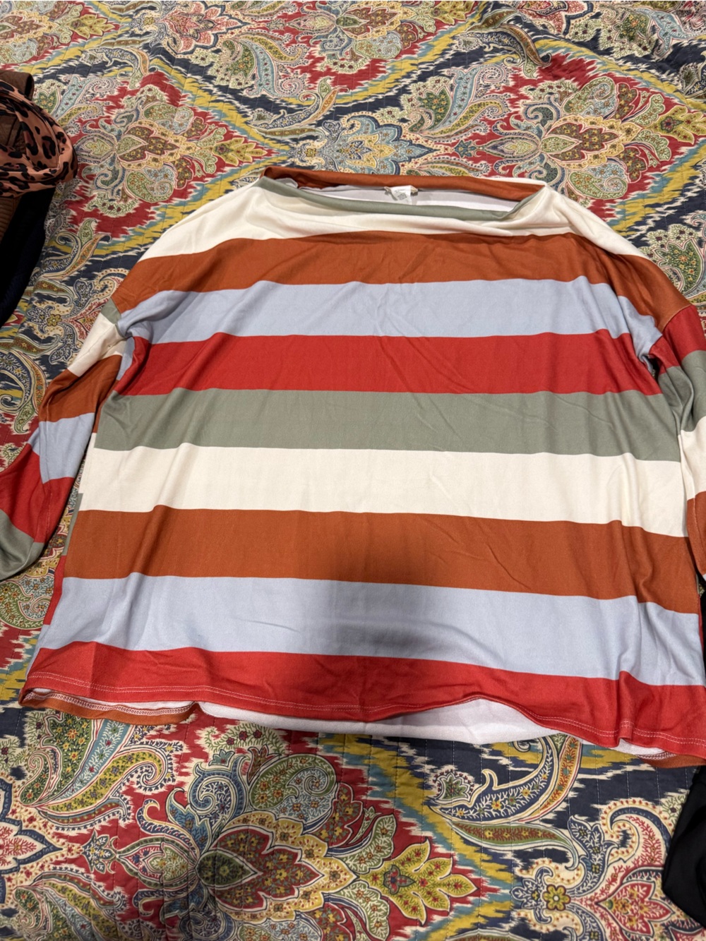 BiBi Striped Long Sleeve Top in Rust, Red, Light Blue, Olive & Cream